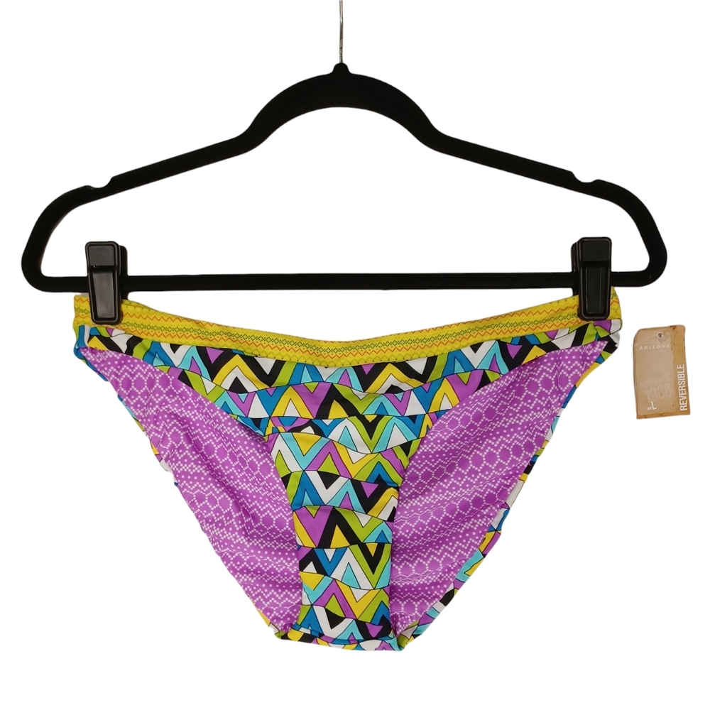 ARIZONA JEANS Reversible Purple Yellow Geometric Print Bikini Bottoms L NWT